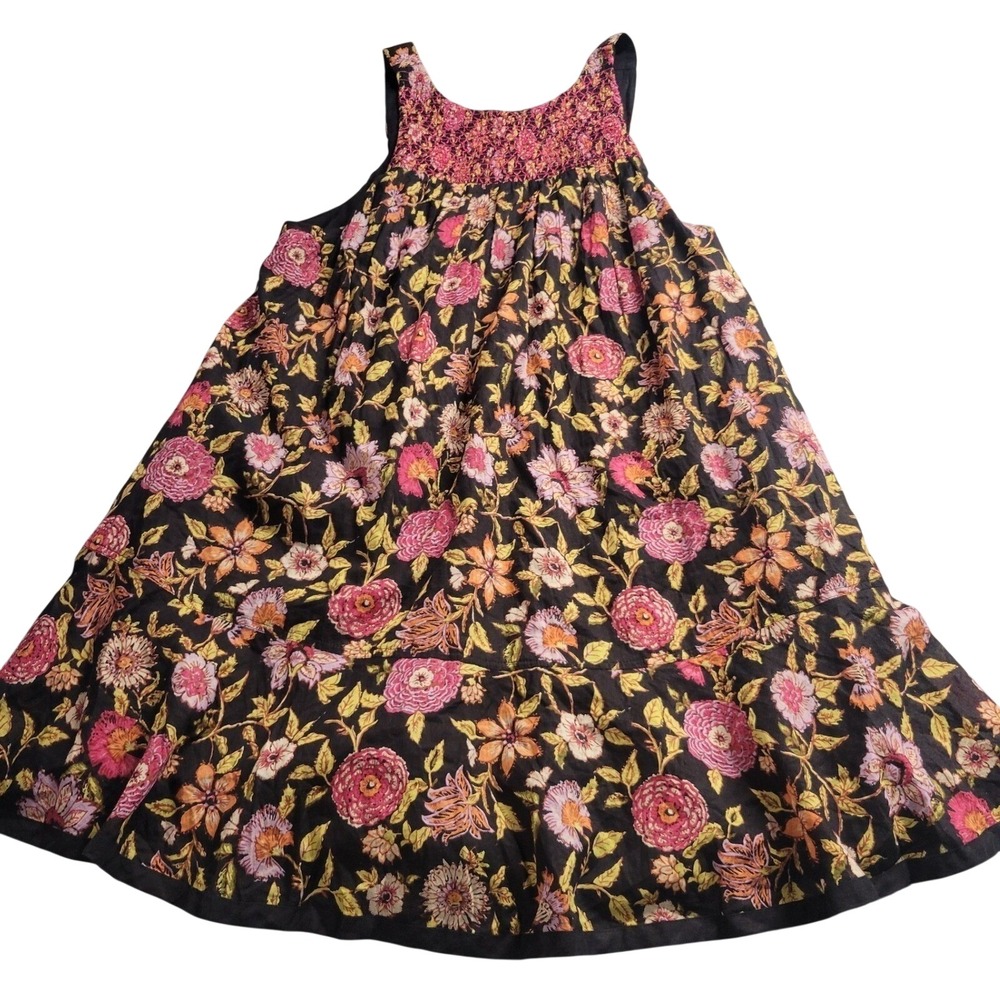Free People Floral Smocked V-Back Trapeze‎ Mini Dress Black Pink Small